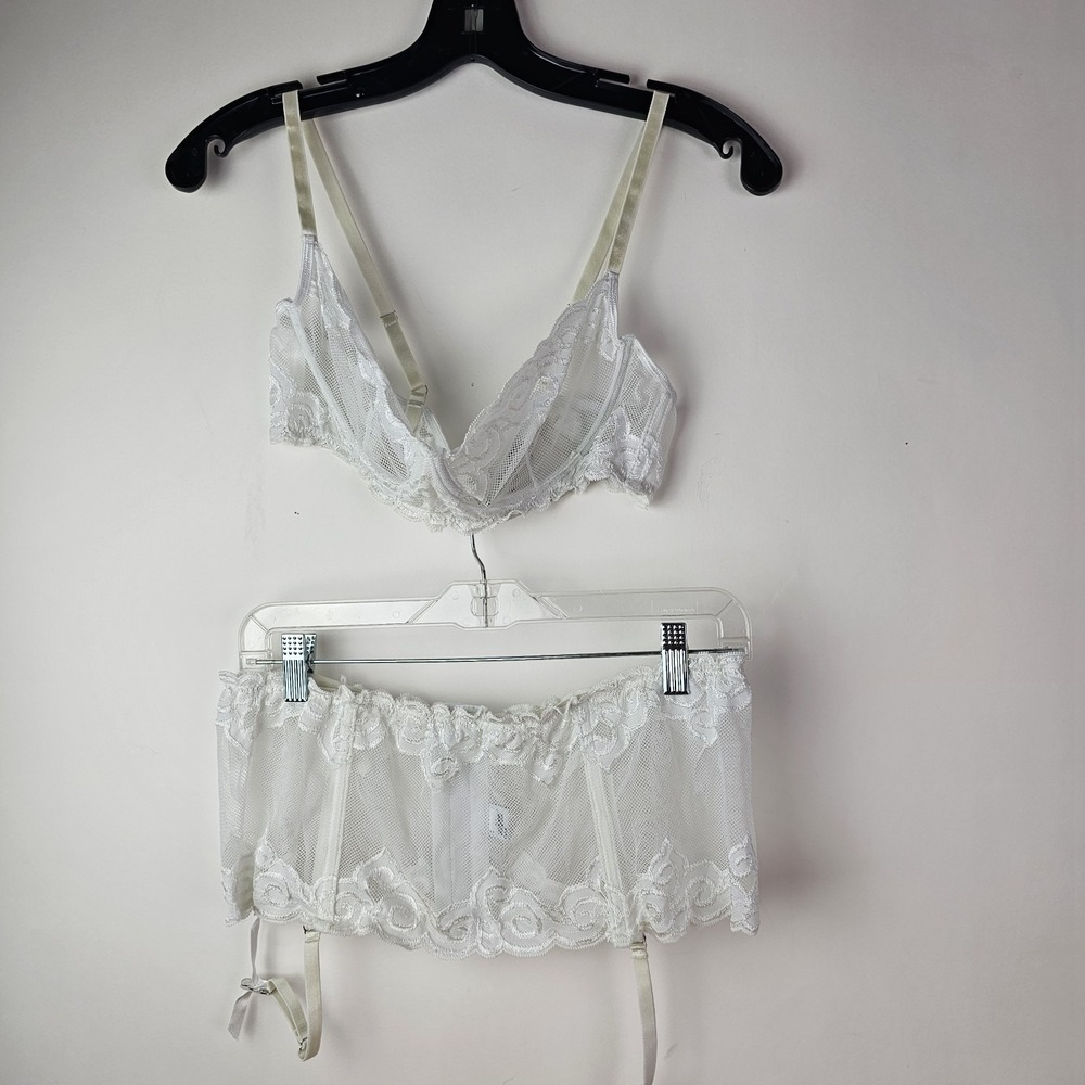 Women Lingerie Set Waist Garter Belt Bra Lace White Bridal Romantic 38 *Read
